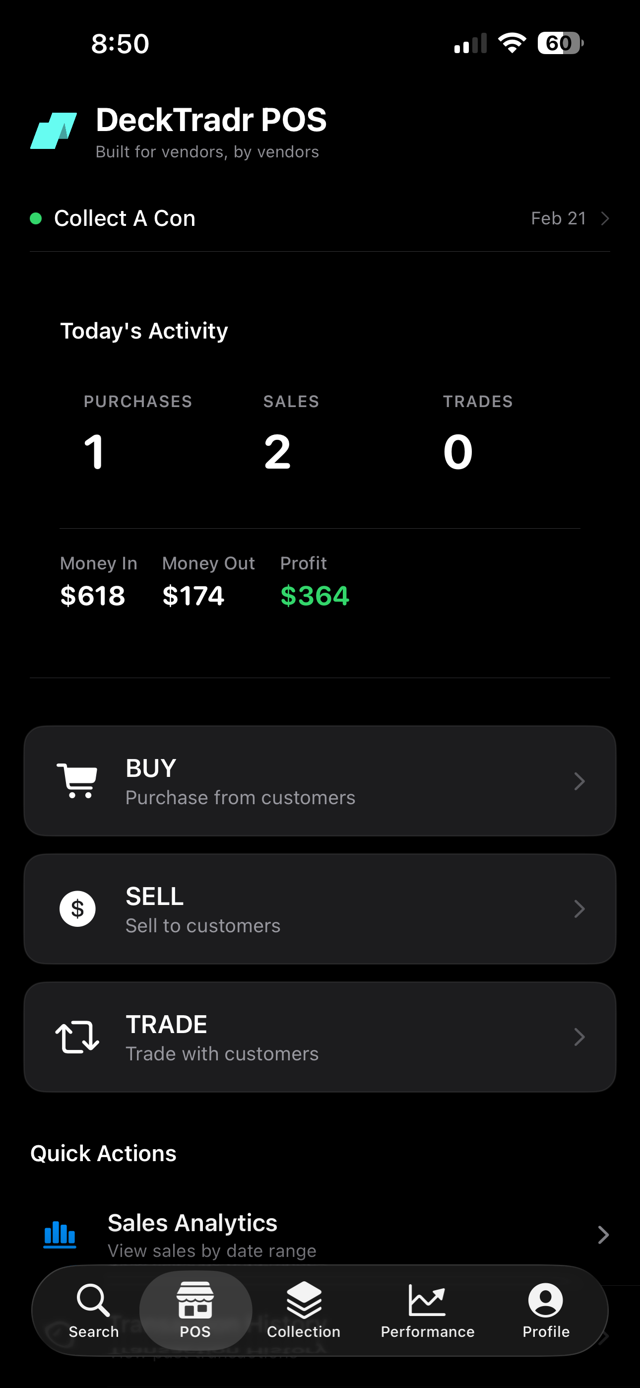 DeckTradr POS home screen showing today's activity, profit tracking, and quick actions
