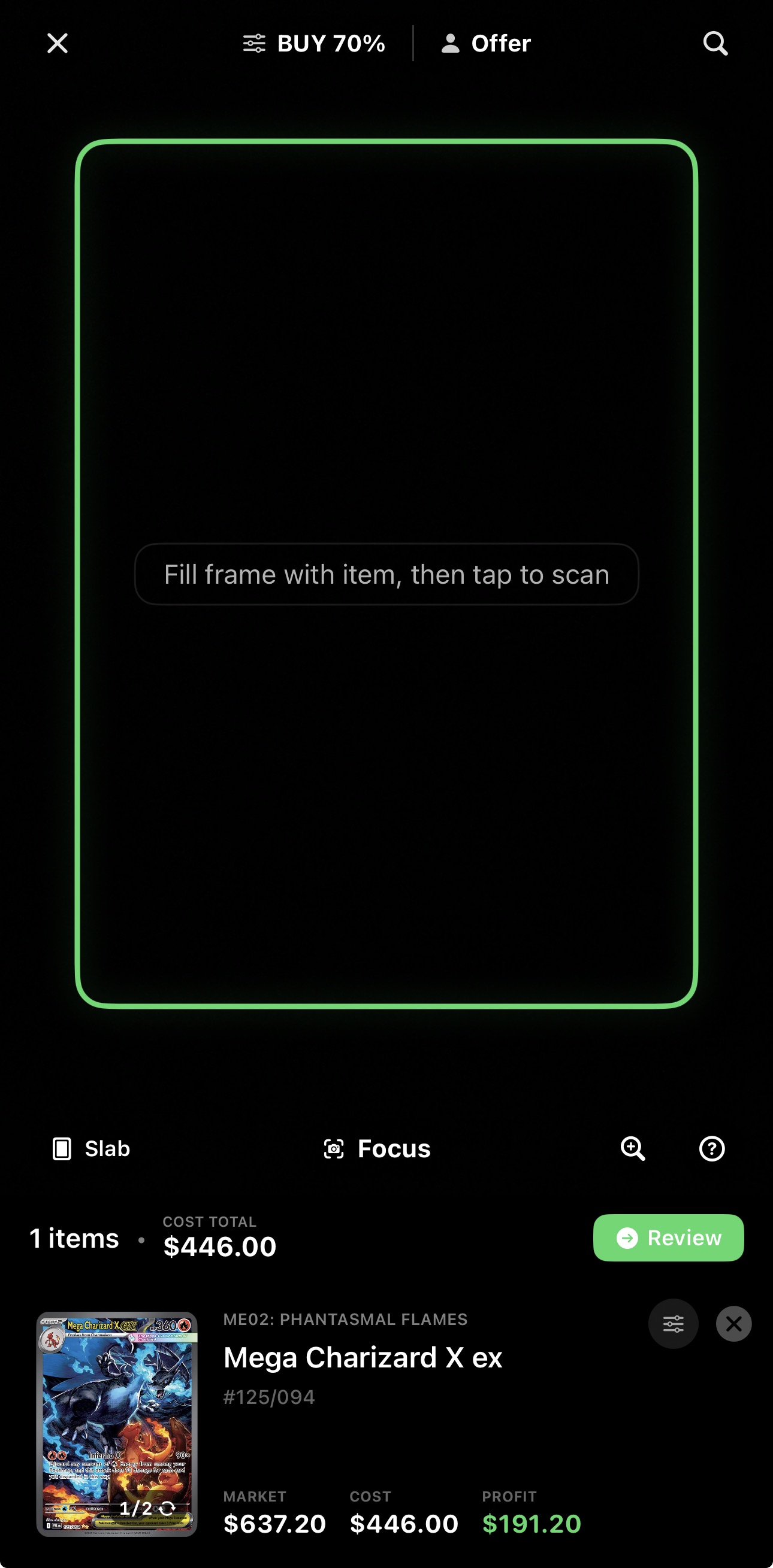 DeckTradr scanner with buy percentage overlay