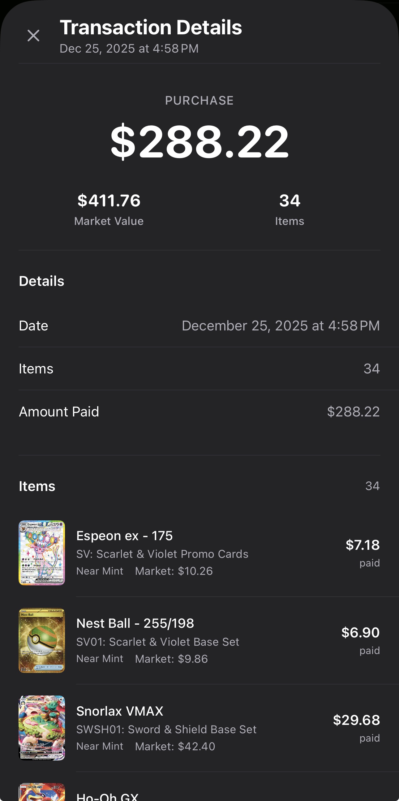 Saved transaction showing itemized card details