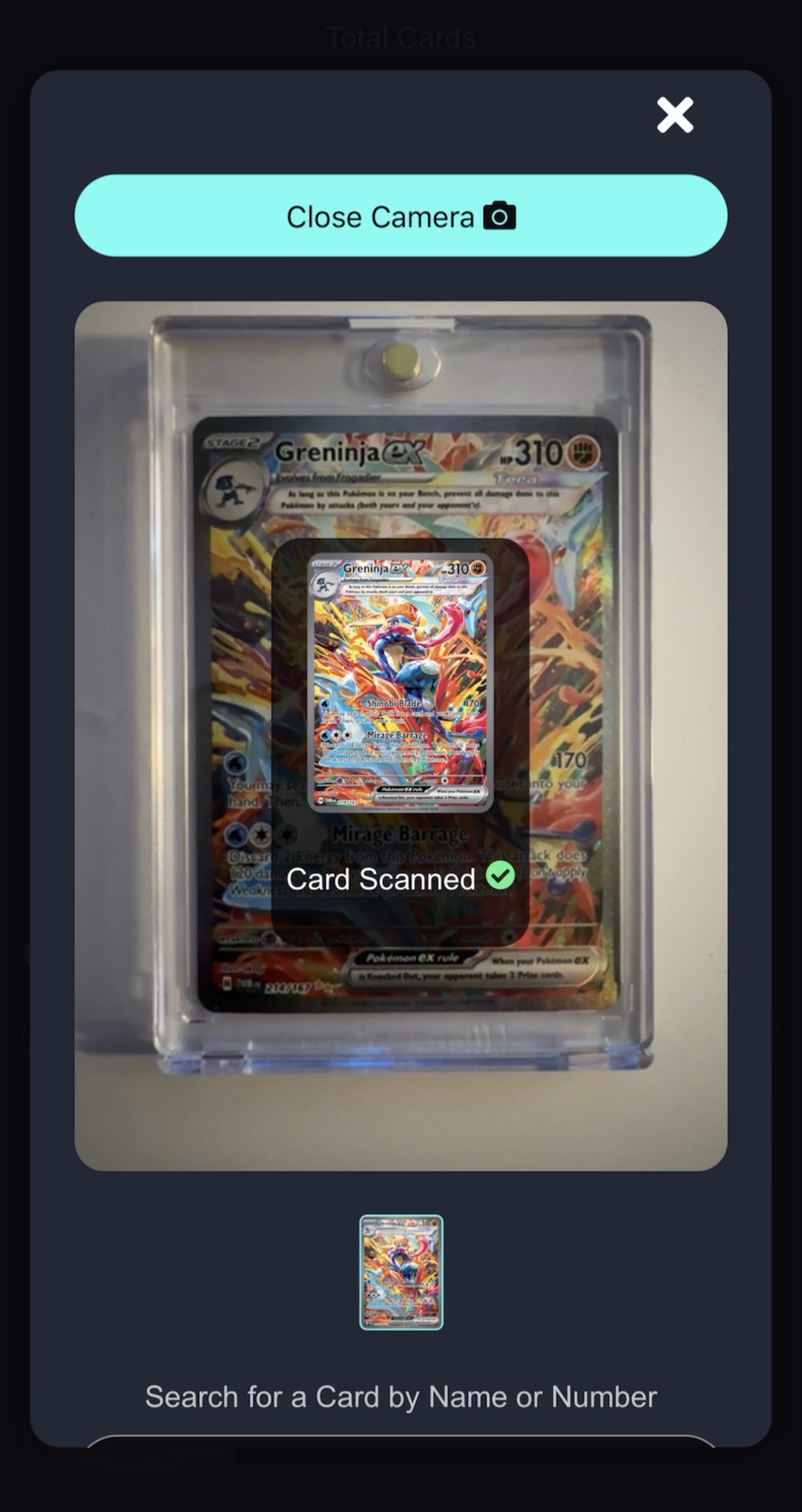 DeckTradr mobile scanner proposing a card match from a slab photo