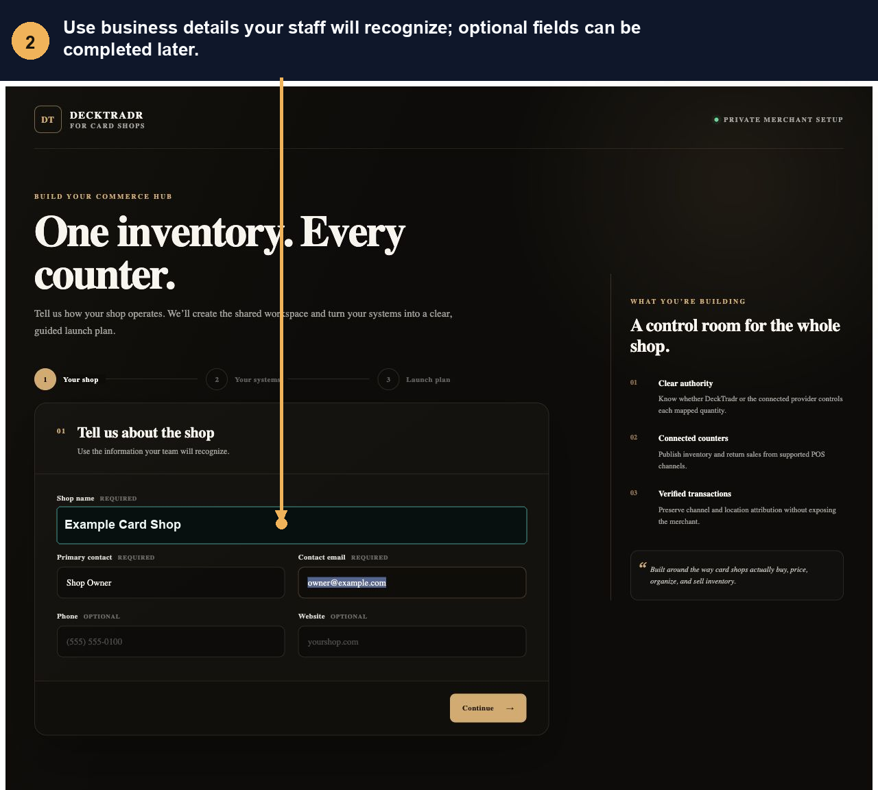 Annotated shop identity and contact form