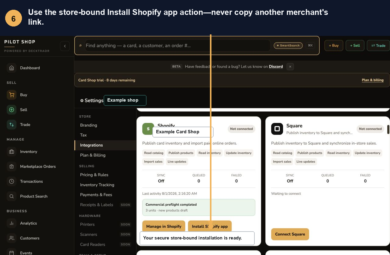 Annotated DeckTradr Shopify installation action