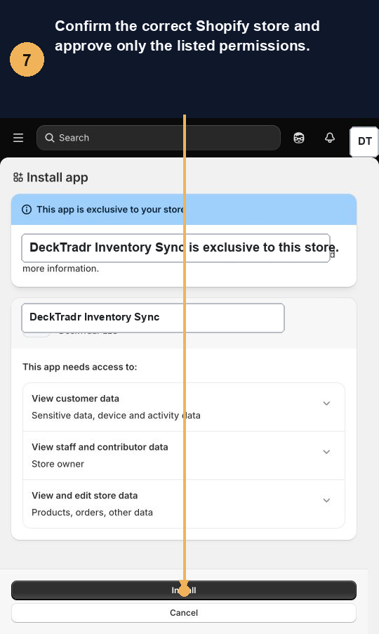 Annotated Shopify app approval screen