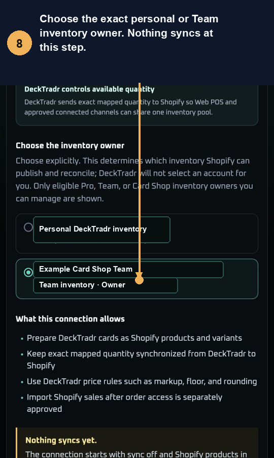 Annotated DeckTradr inventory owner consent screen