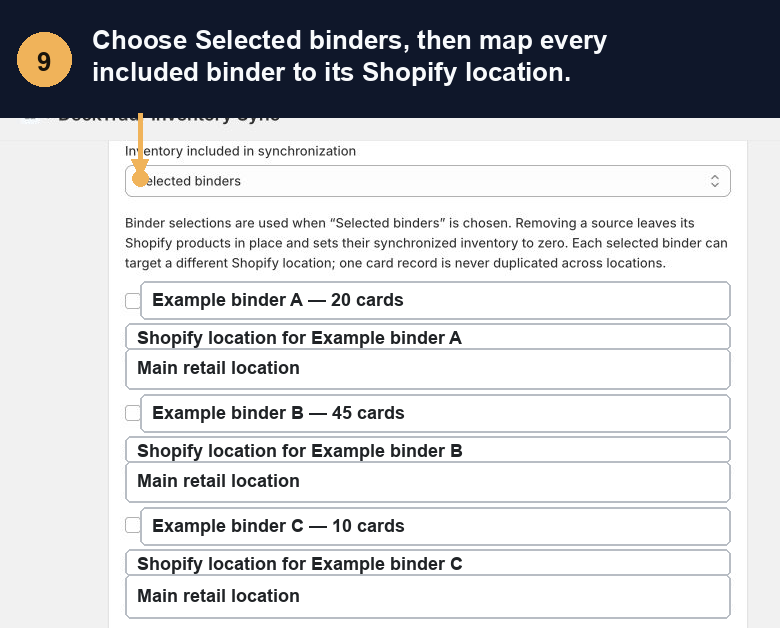 Annotated Shopify location and DeckTradr binder selection