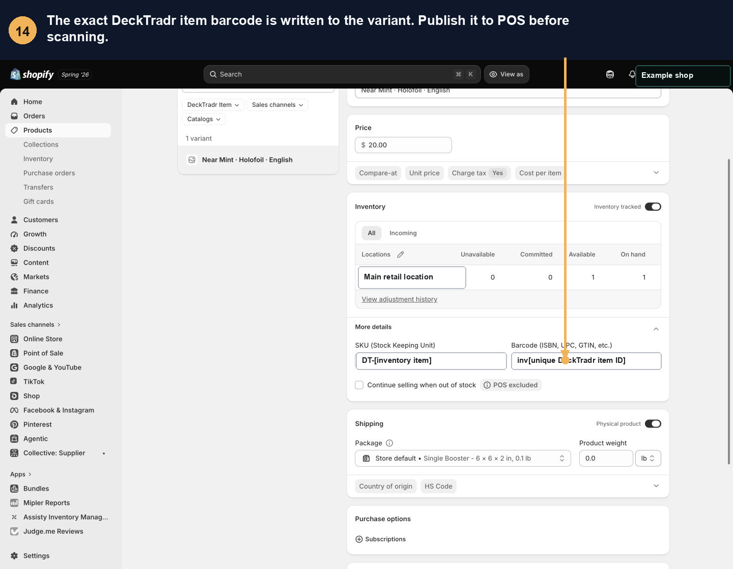 Annotated Shopify variant with a DeckTradr barcode